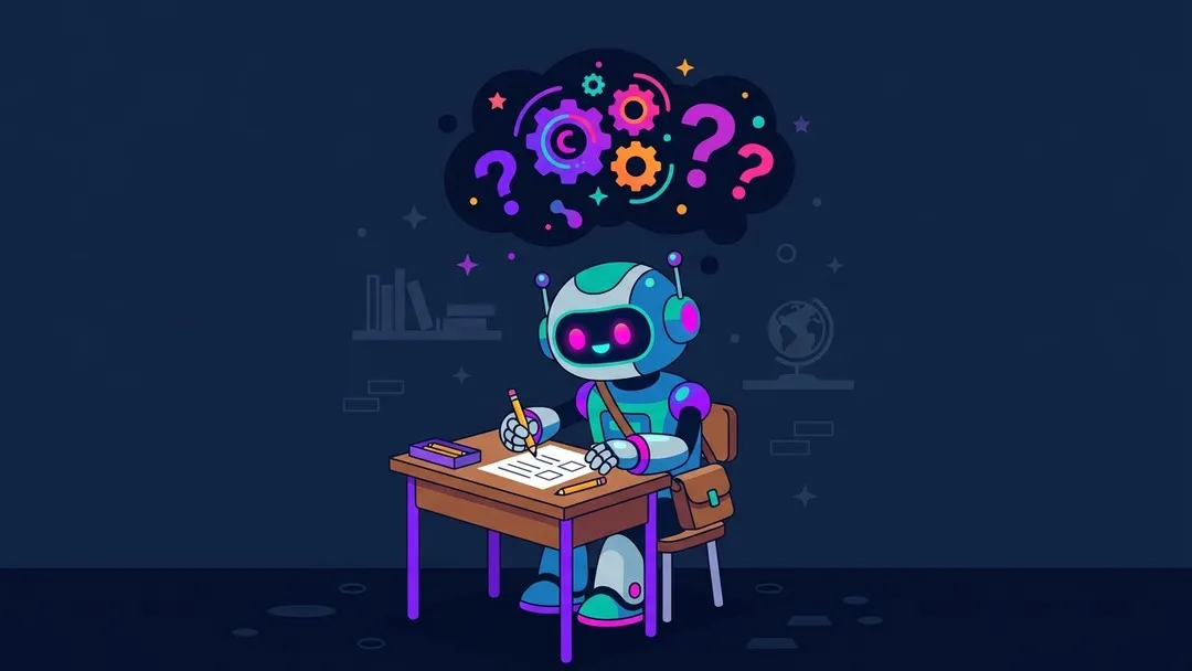 Friendly robot sitting at a school desk taking a written test