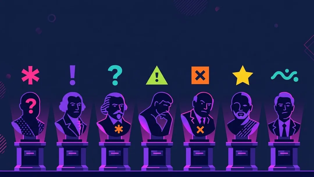 Row of famous figure busts on pedestals with colorful question marks and symbols above them, flat vector illustration