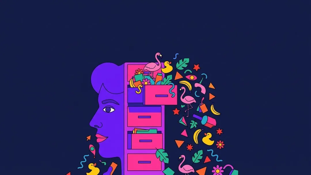 Head-shaped filing cabinet overflowing with flamingos and random objects
