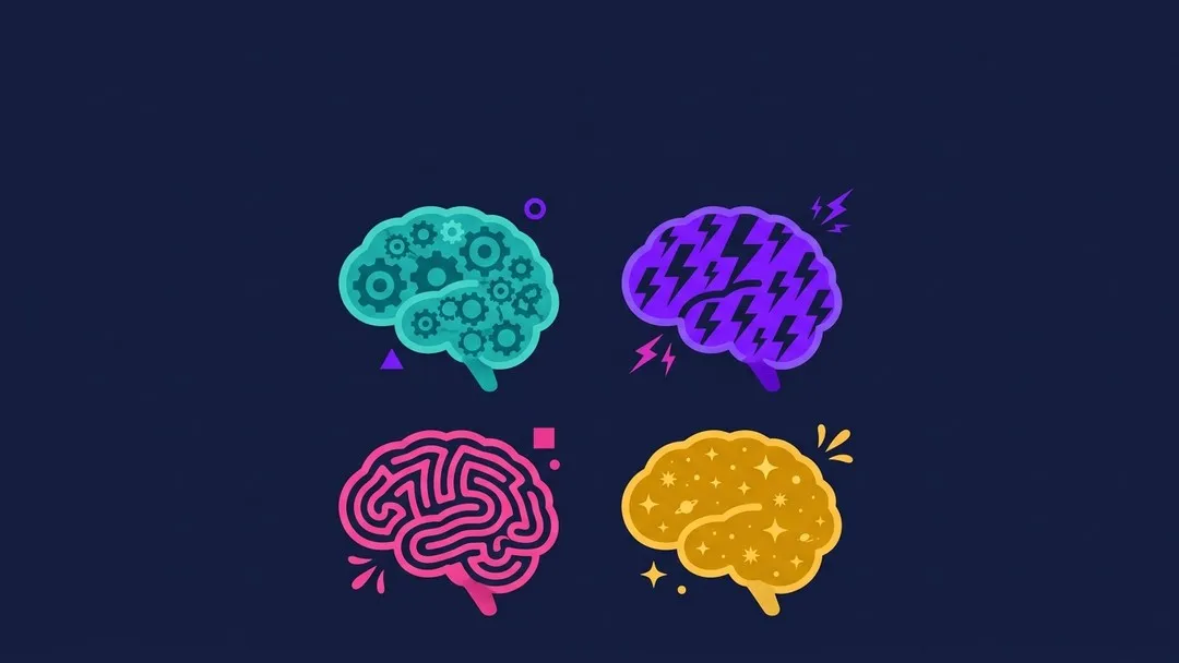 Four colorful brains with different patterns - gears, lightning, mazes, and stars, flat vector illustration