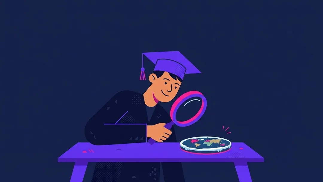 Graduate with magnifying glass examining a tiny flat earth